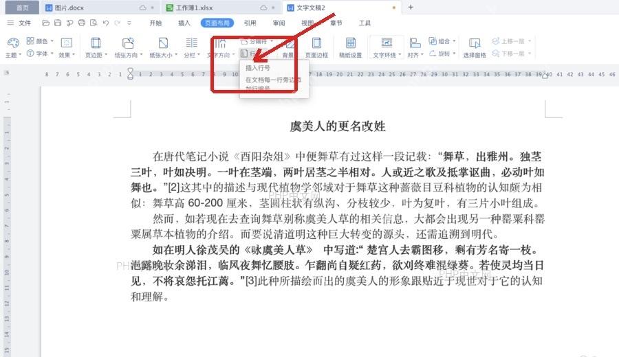 WPS文字页面布局中展开行号菜单添加行号