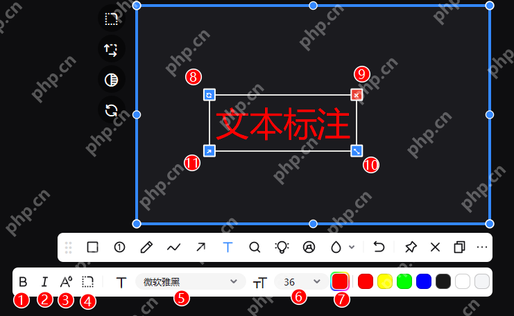 PixPin 文字标注工具栏展示字体字号和颜色区域,证明要把常用字体与颜色设顺手时先从文字工具条开始最直接