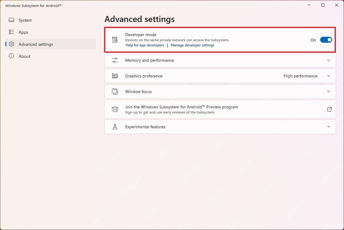 Windows Subsystem for Android Advanced settings 中 Developer mode 已开启