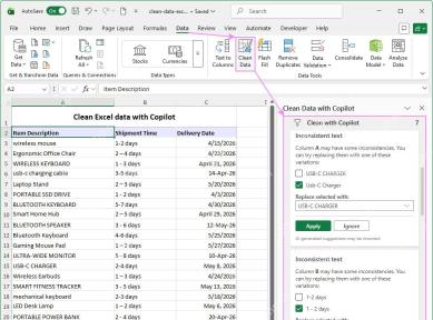 Excel 数据选项卡里打开 Clean Data,右侧显示 Clean Data with Copilot 面板和原始数据表