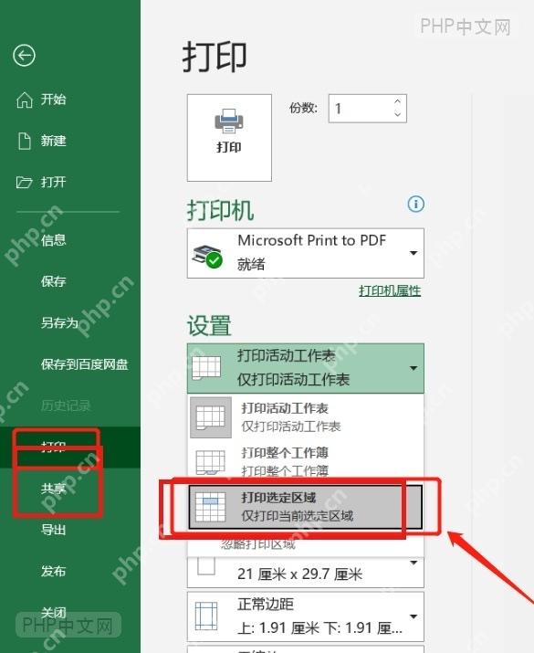 Excel 打印页面中选择打印选定区域并检查预览范围