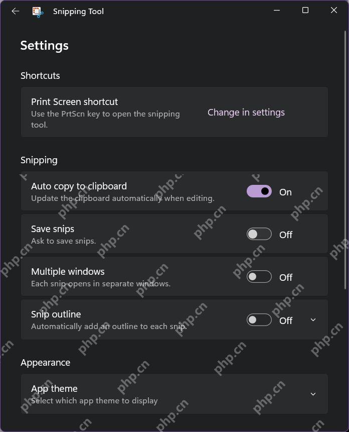 Windows 11 截图工具设置页显示 Auto copy to clipboard 开关