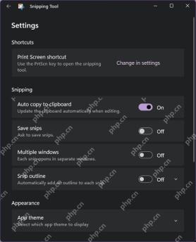 Windows 11 截图工具设置页显示 Auto copy to clipboard 开关