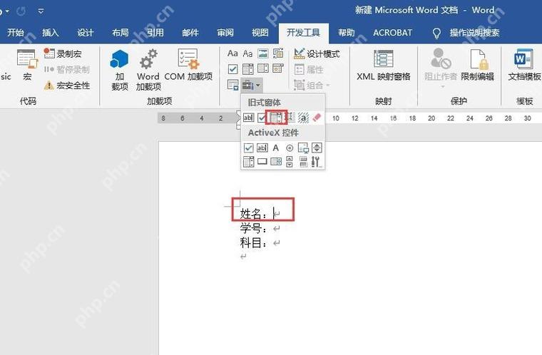 在Word开发工具标签的控件区域插入复选框等控件