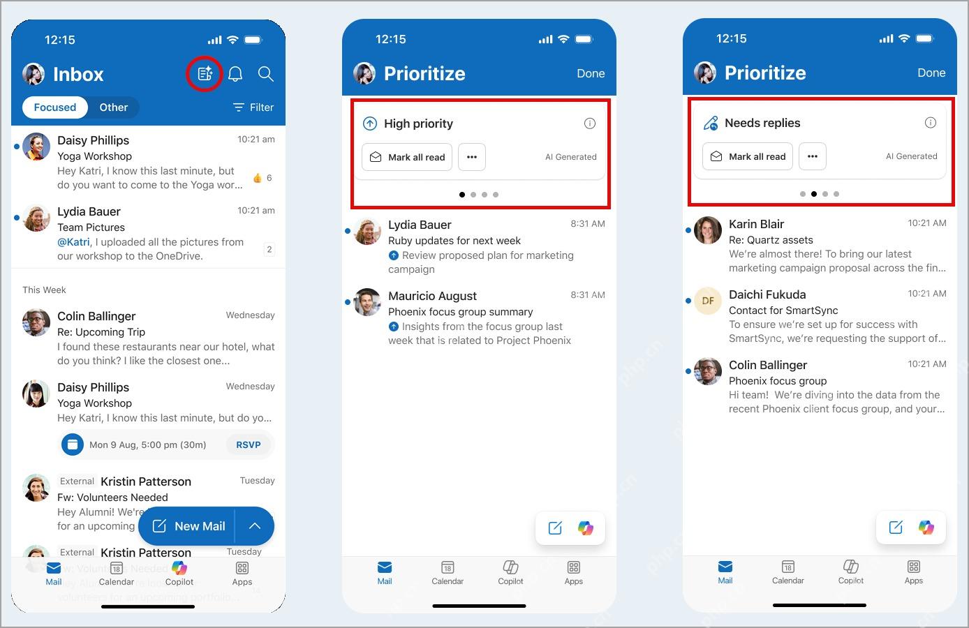 Outlook 移动端收件箱顶部显示 Copilot Prioritize 入口和 High priority、Needs replies 分组
