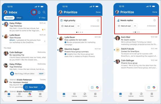 Outlook 移动端收件箱顶部显示 Copilot Prioritize 入口和 High priority、Needs replies 分组