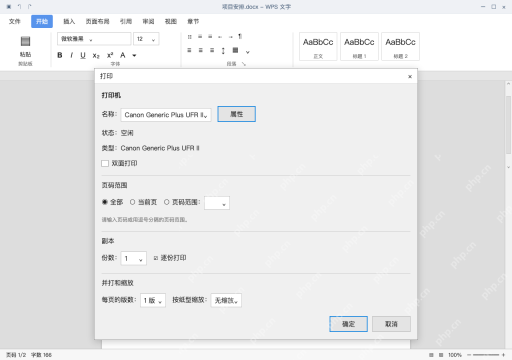 模拟 WPS 文字：打开打印窗口，核对打印机