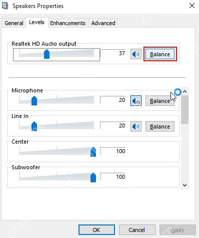 Win10 声音播放设备属性中用于测试左右声道的设置窗口
