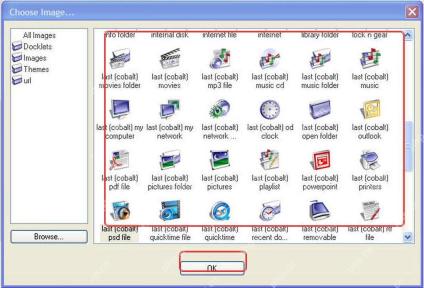 ObjectDock Choose Image 窗口中的图标列表和 OK 确认按钮