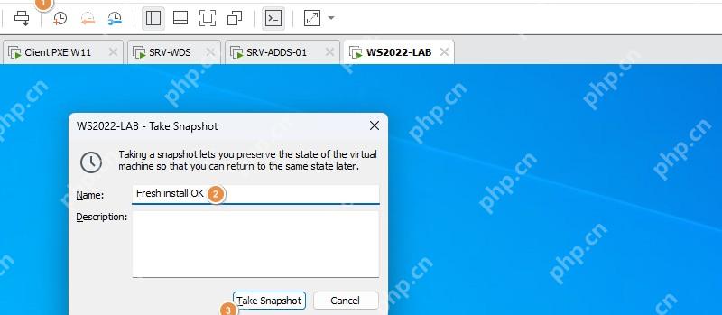 VMware Workstation Take Snapshot 窗口填写快照名称并点击 Take Snapshot