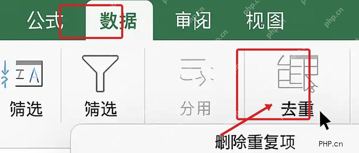 Excel 数据选项卡中的去重按钮被红框标出,用于打开删除重复项功能
