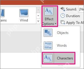 PowerPoint 平滑切换效果选项中选择 Characters 字符级变化