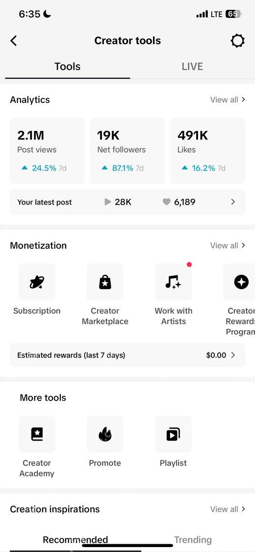 TikTok APP 创作者变现入口界面