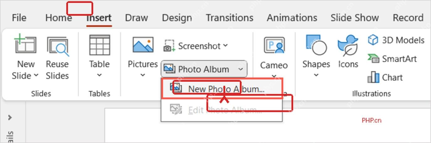 PowerPoint 插入选项卡中打开相册和新建相册入口