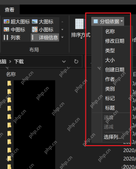Win10 文件资源管理器查看选项卡中分组依据菜单列出类型