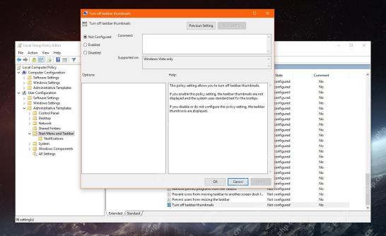 Win10 本地组策略编辑器中打开 Turn off taskbar thumbnails 策略