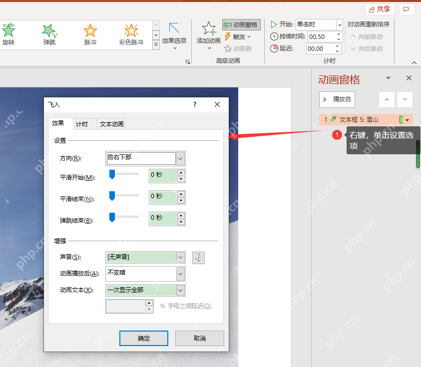 PowerPoint动画窗格中打开飞入动画的效果选项设置窗口