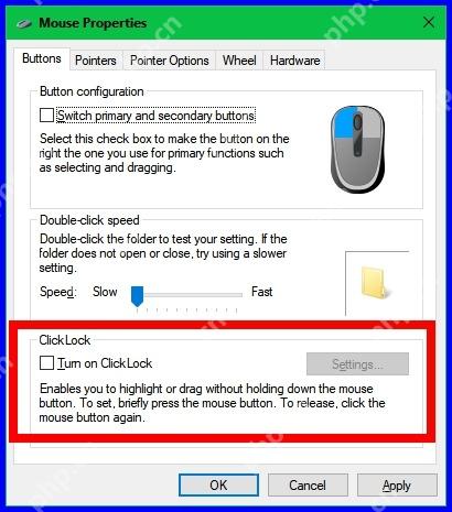 Win10 鼠标属性中单击锁定区域