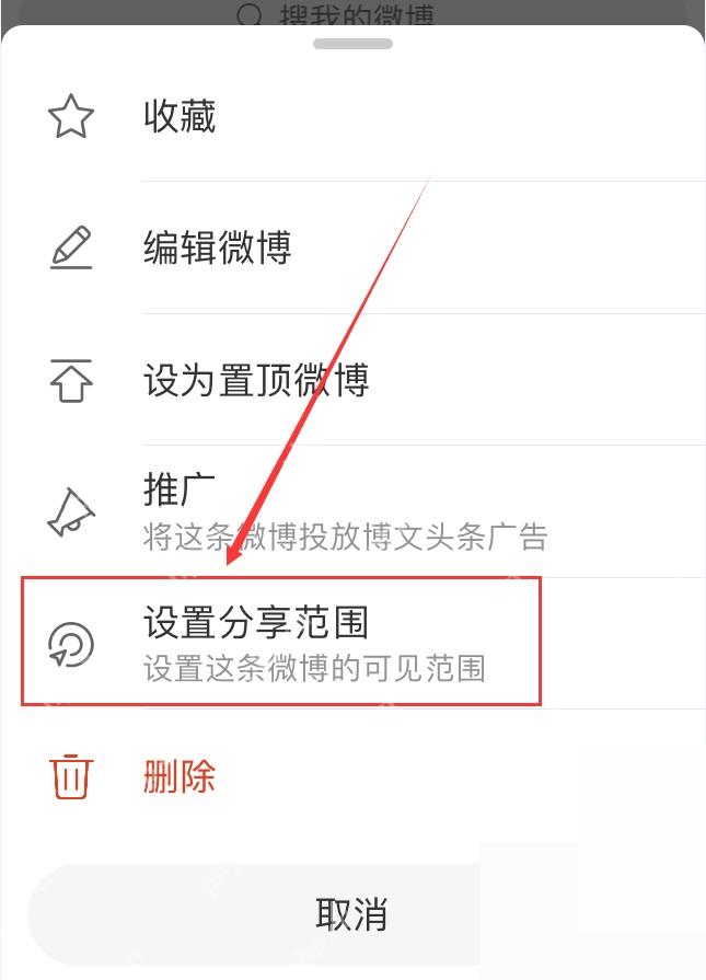 微博操作菜单里的设置分享范围选项