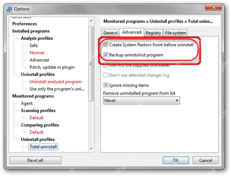 Total Uninstall Windows 卸载配置中勾选创建系统还原点和备份程序。