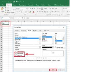 Excel 设置单元格格式字体页勾选 Superscript 上标并点击 OK 确认平方效果