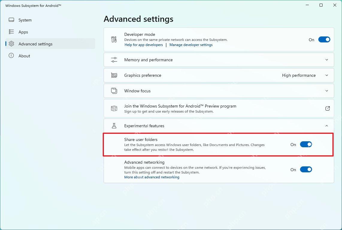 Windows Subsystem for Android 实验性功能中开启 Share user folders