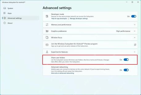 Windows Subsystem for Android 实验性功能中开启 Share user folders
