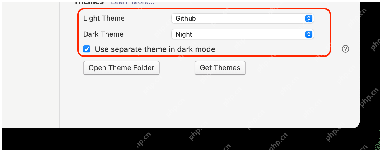 Appearance 设置页底部显示 Open Theme Folder 和 Get Themes。