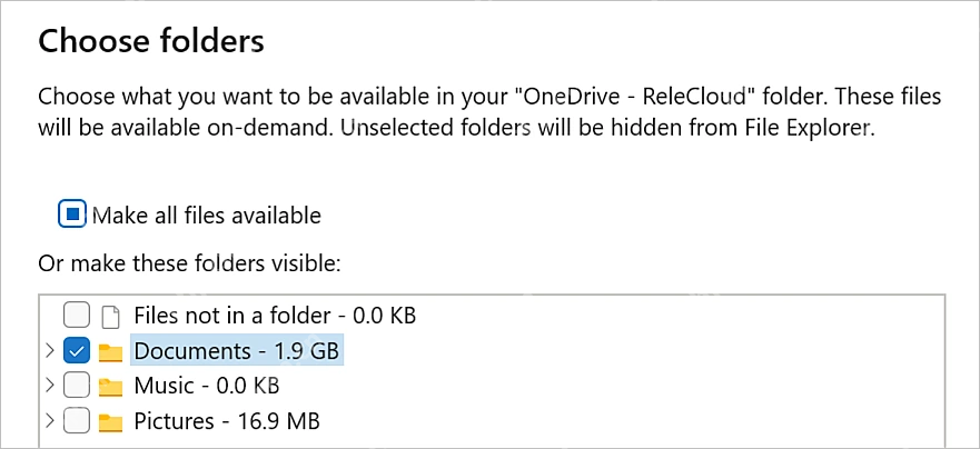 OneDrive 选择文件夹窗口用于设置本机同步范围