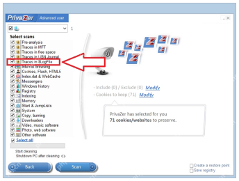 PrivaZer 深度扫描列表中 Traces in $LogFile 被标出。