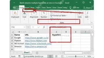 Excel 中检查 HYPERLINK 公式栏、单元格内容和格式位置以排查公式不生效