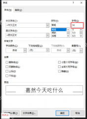 Word 字体窗口中在字号输入框填写 50 并预览文字大小