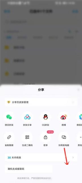百度网盘 App 分享面板中的有效期和提取码设置区域