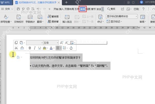 进入 WPS 文字审阅选项卡查看简繁转换入口
