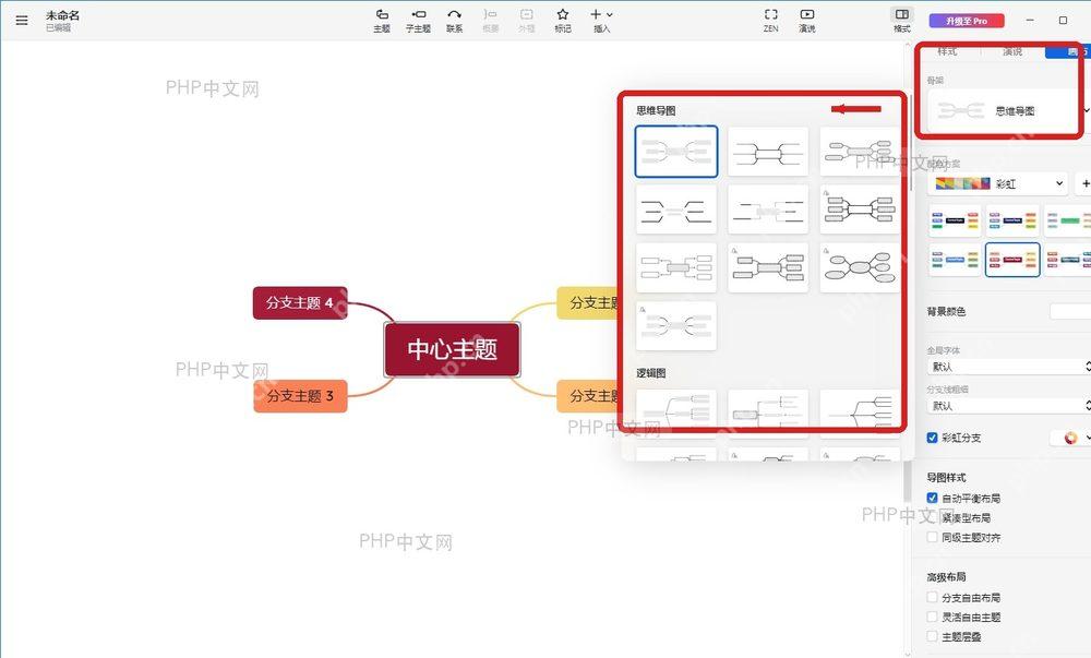 WPS 思维导图右侧画布页中的骨架下拉框和结构缩略图列表
