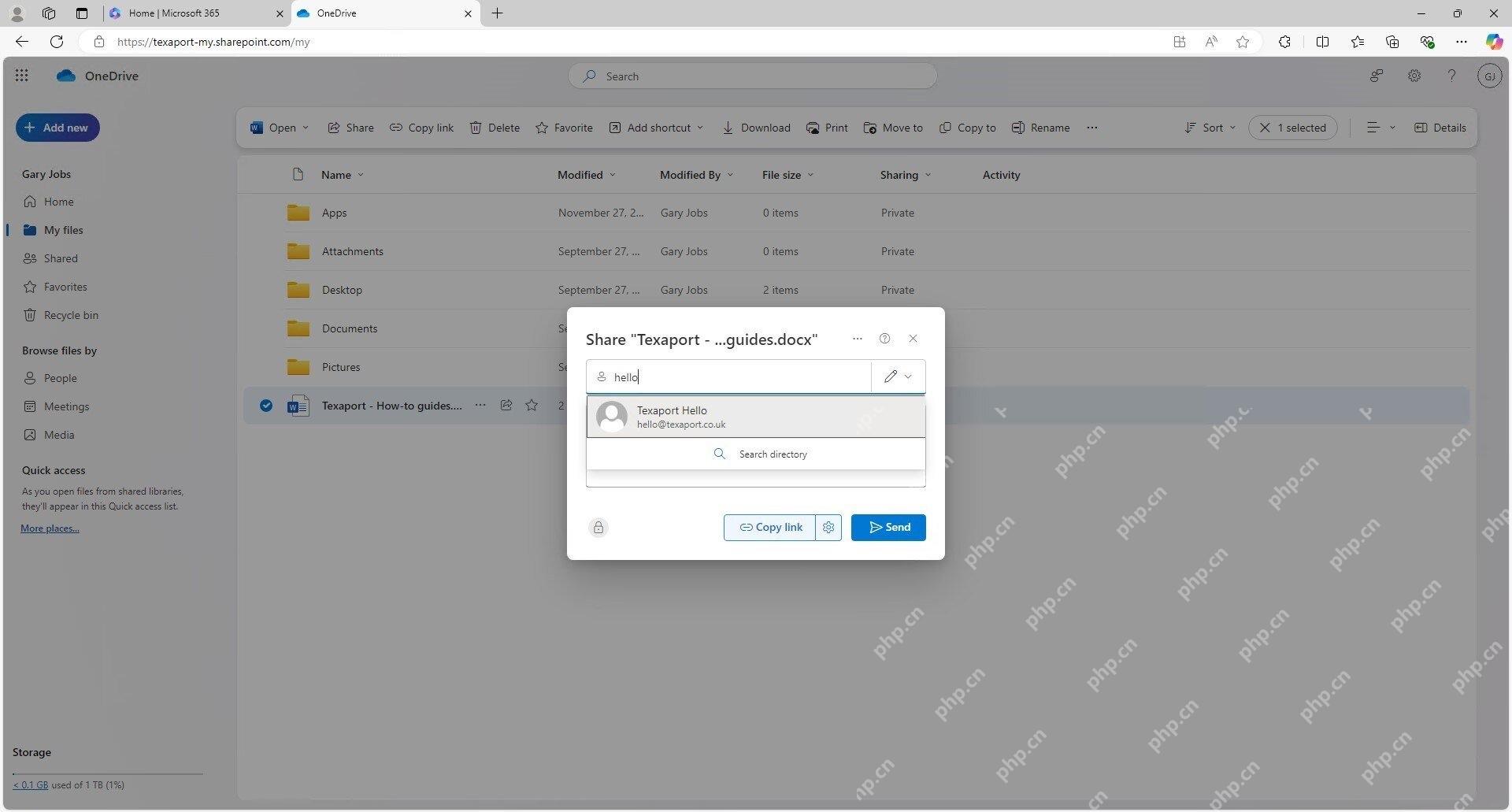 OneDrive Share 窗口显示收件人、Copy link 和 Send 按钮，用来重新发送共享链接