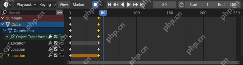Blender Timeline 显示播放头、帧号和关键帧轨道