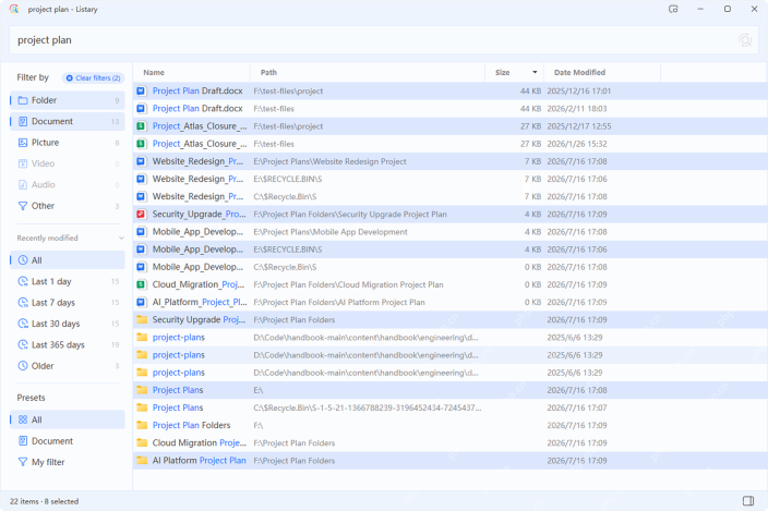 Windows Listary V7 文件搜索窗口显示搜索框和结果列表,证明 V7 版本可以直接叠加 ext 这类扩展名语法。