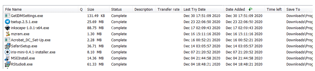 IDM Windows 主窗口列表显示 Complete 状态和 Save To 路径,对应确认已完成任务。