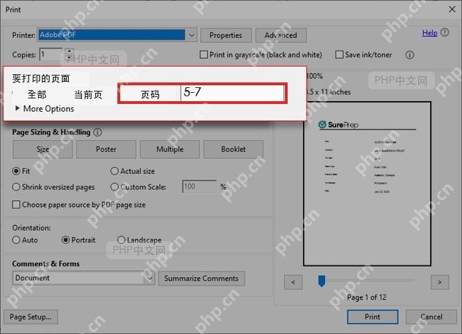 Adobe Acrobat 打印窗口页码框输入 5-7 服务于打印连续页面步骤