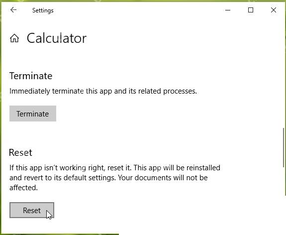 Win10 设置中进入 Calculator 高级选项用于修复或重置