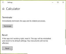Win10 设置中进入 Calculator 高级选项用于修复或重置