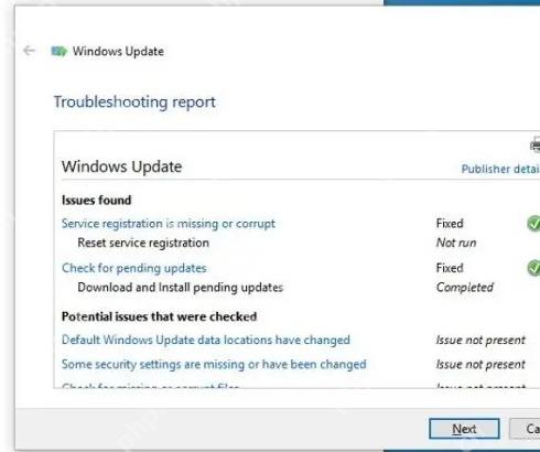 Windows Update 疑难解答报告中显示问题已修复