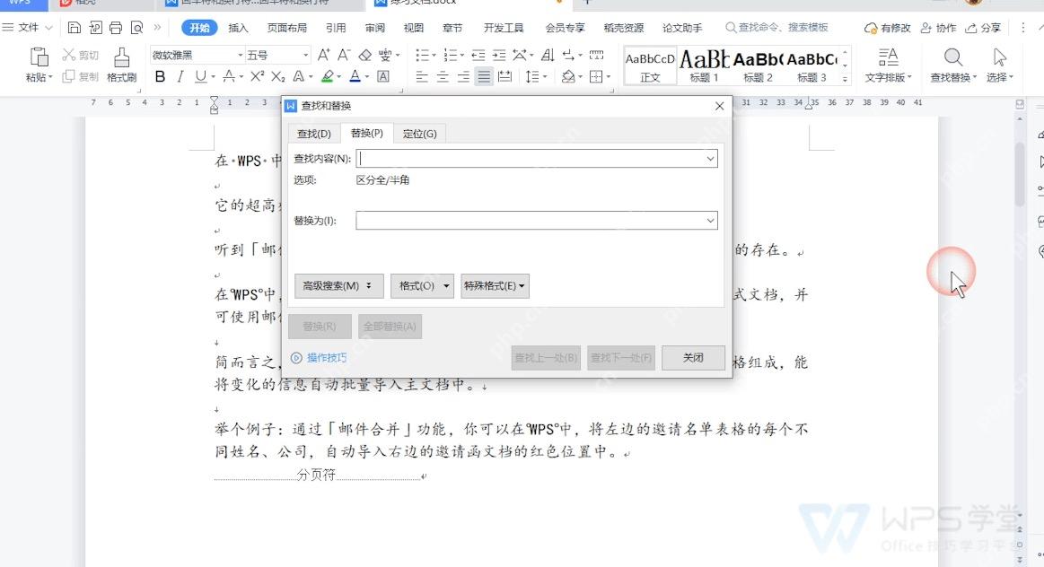 WPS 查找替换窗口准备处理空段落