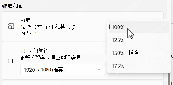 Win11 显示设置中的缩放和布局比例选项