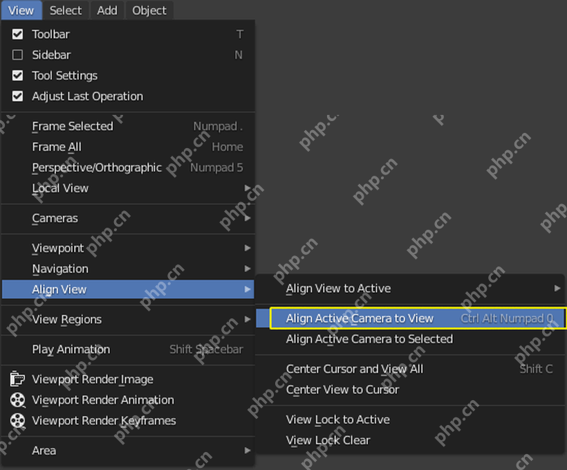 Blender View 菜单中 Align View 展开并显示 Align Active Camera to View 和 Align Active Camera to Selected