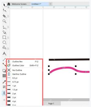 CorelDRAW 轮廓工具菜单中选择文字轮廓颜色和线宽