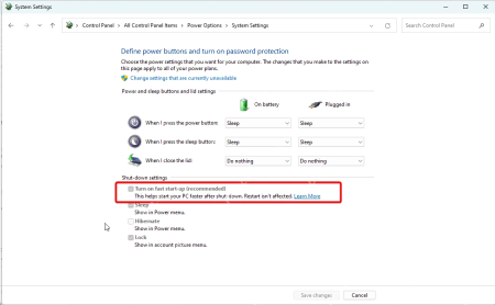 Win11 电源选项系统设置里的启用快速启动复选框