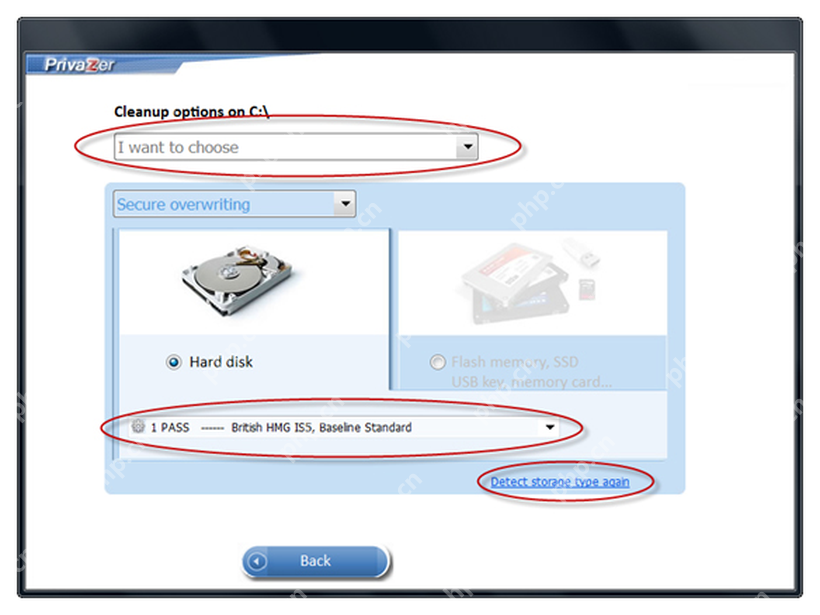 PrivaZer cleanup options 页面选择清理方式。