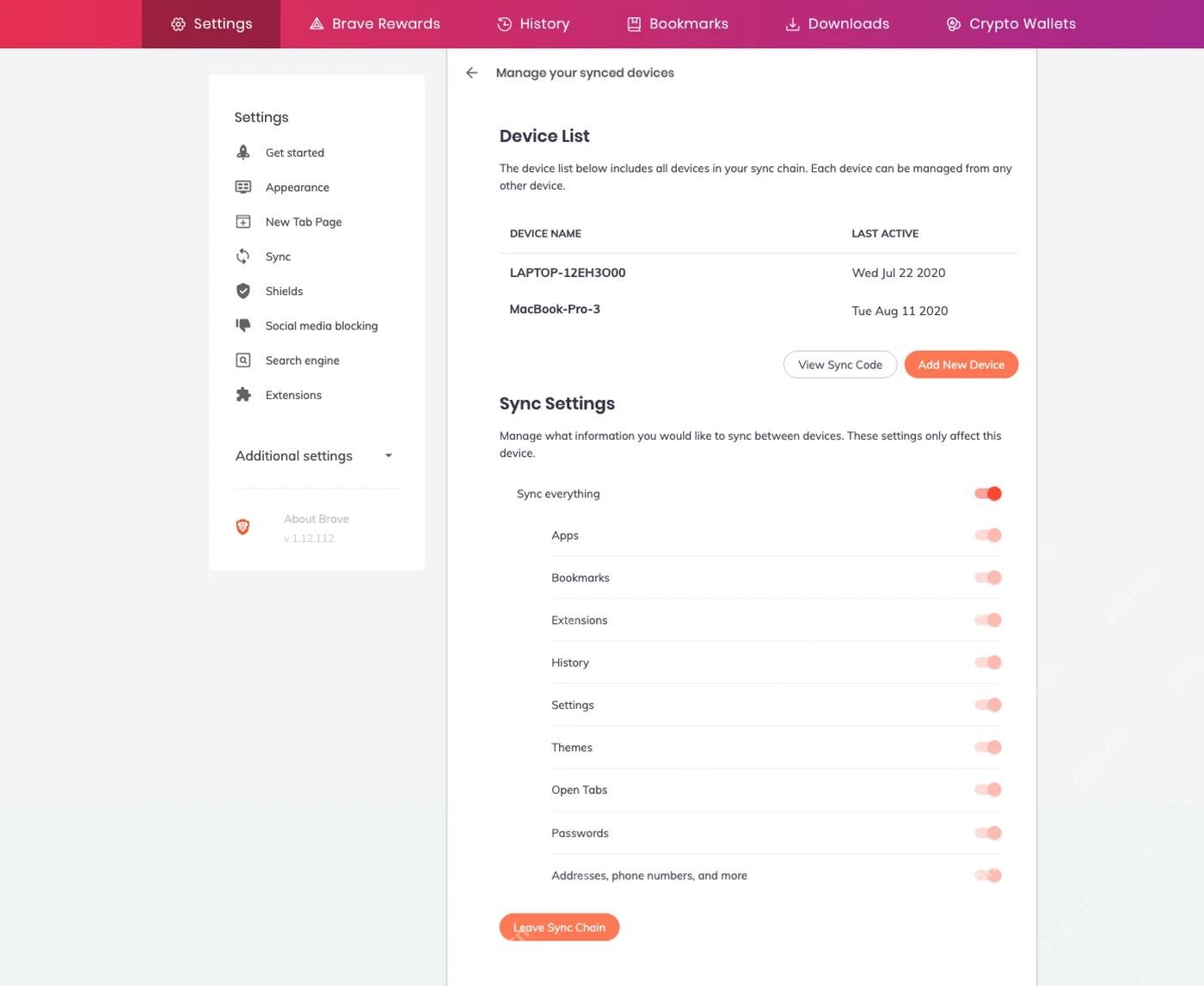 Brave Sync 设备列表与数据类型设置